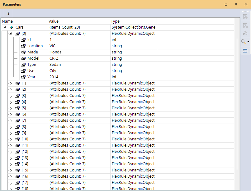 Parameters window to see the database Rresult