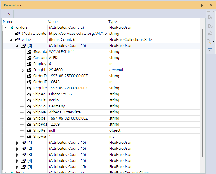 Parameters window to see the REST API Rresult