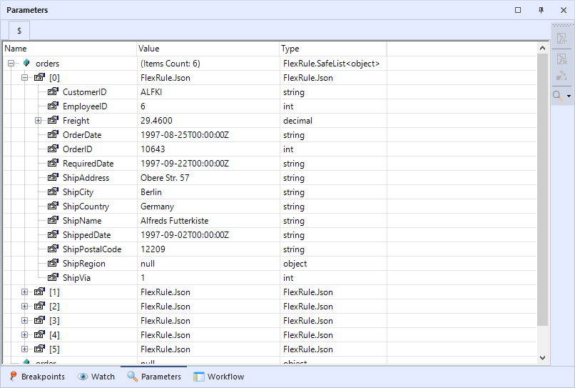 Parameters window to see the REST API Rresult just for value